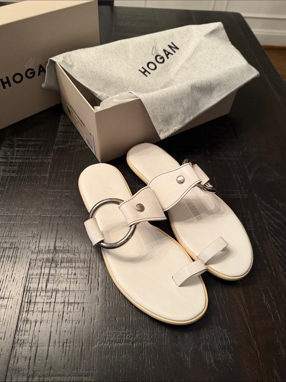 Hogan White Leather Thong Sandals with Silver Ring